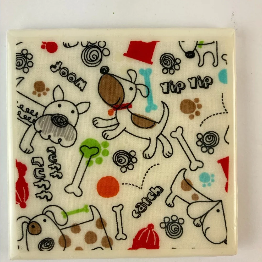 Dog Pattern Ceramic Coaster Set of 6 Dog Ceramic Art Tile Handmade Decoupage